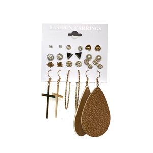 Boutique Set of 12 Pairs of Gold Fashion Earrings with Studs, Hoops, and Dangles